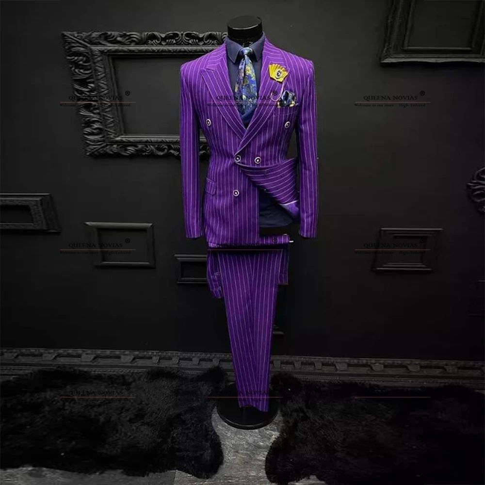 Classic Purple Pinstripe Men's Suits Double Breasted 2 Pieces Formal Wedding Groom Wear Tuxedos Customized Man Dinner Party Coat