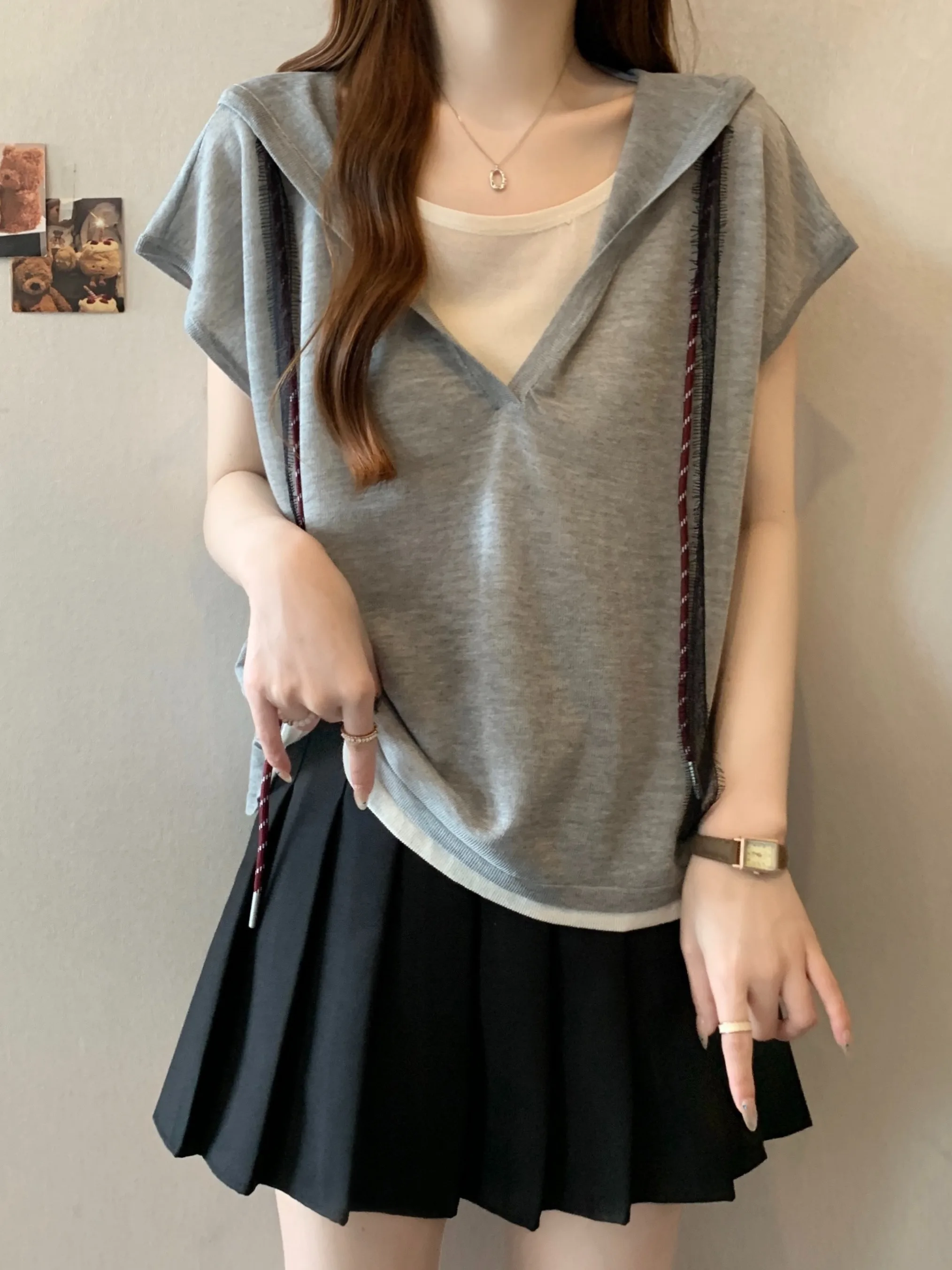 Casual Lazy Sle Dames T-shirt Zomer Plus Size Losse Veelzijdige Hoed Hoodie Jonge Faionable Grote Zus Afslanken Top