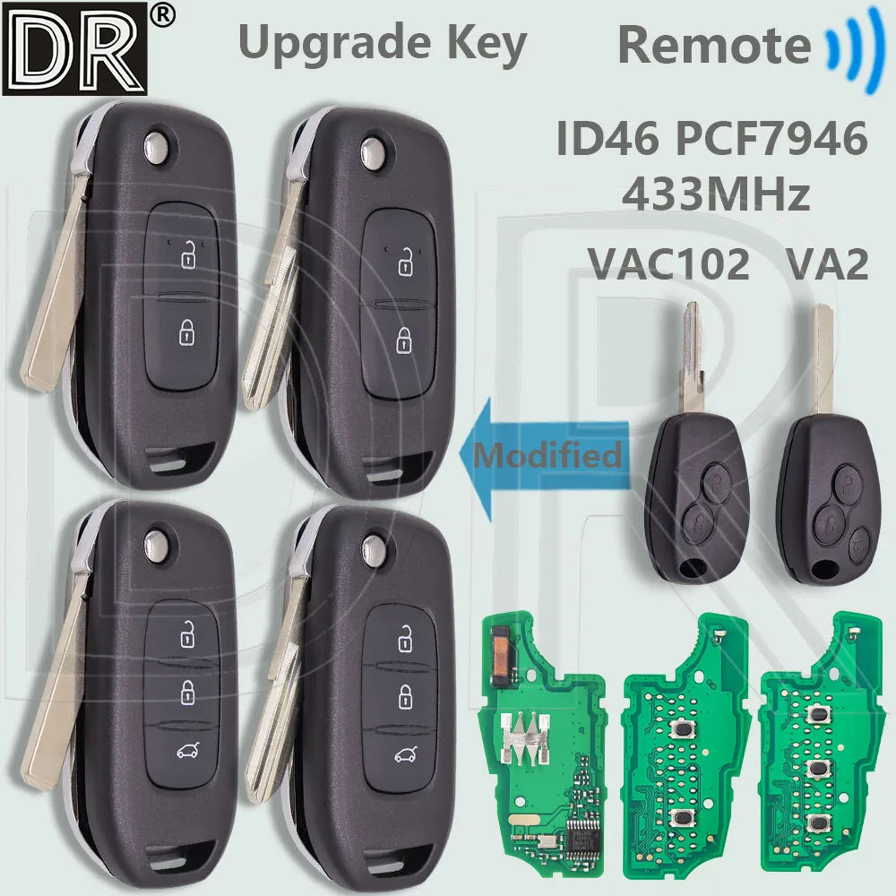 

DR Modified ID46 PCF7946 433MHz VA2/VAC102 Flip Car Remote Key For Renault Master Twingo Clio Kangoo Modus Logan Traffic Dacia
