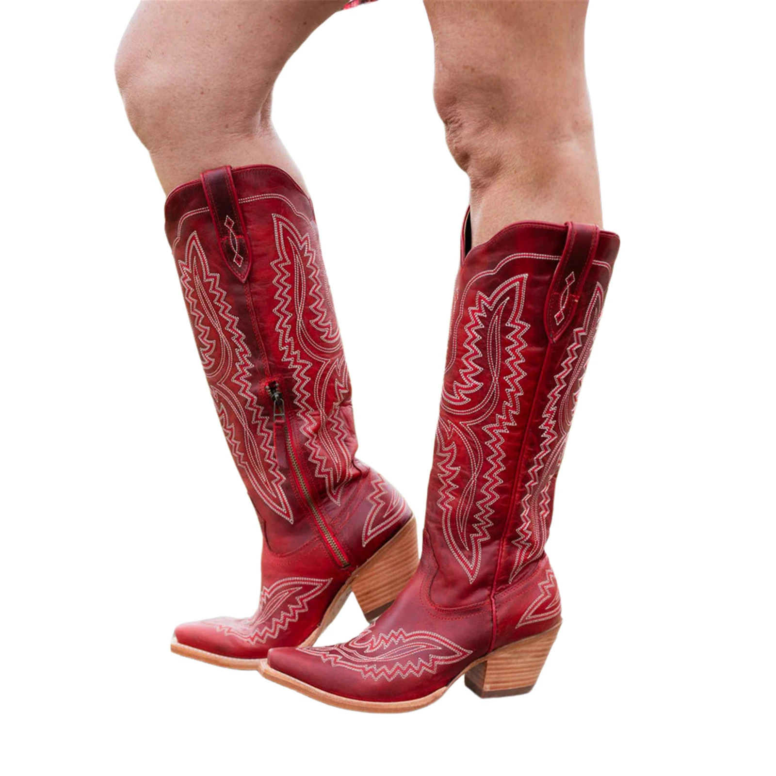 Women's Knee-high Boots White Western Cowboy Knight High Heel Shoes PU Leather Embroidered Pointed Toe Long Boots