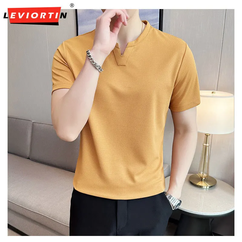 

Plus Size 4XL Summer Ice Silk Breathable Short Sleeve T Shirts For Men Clothing 2024 V Neck Casual Slim Fit Tops&Tees Streetwear