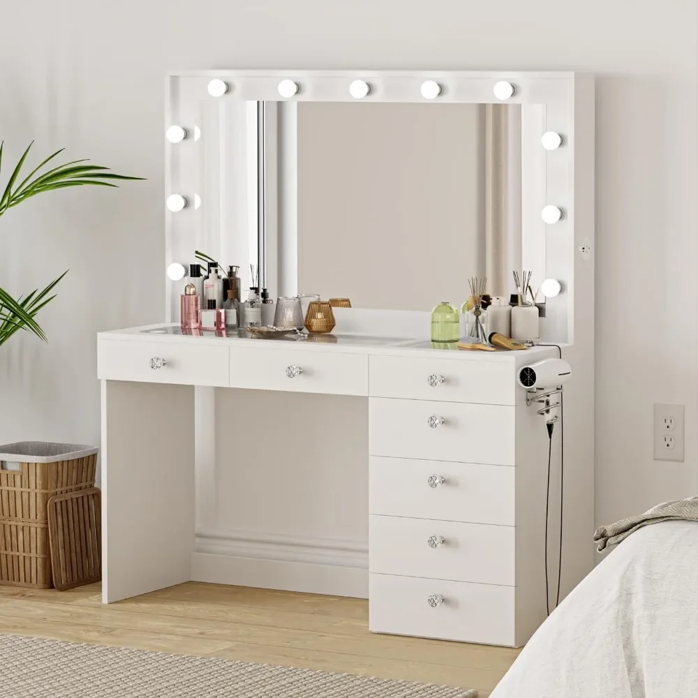 Makeup Vanity with Hollywood Lights Built-in, 7 Drawers, Hollywood Mirror