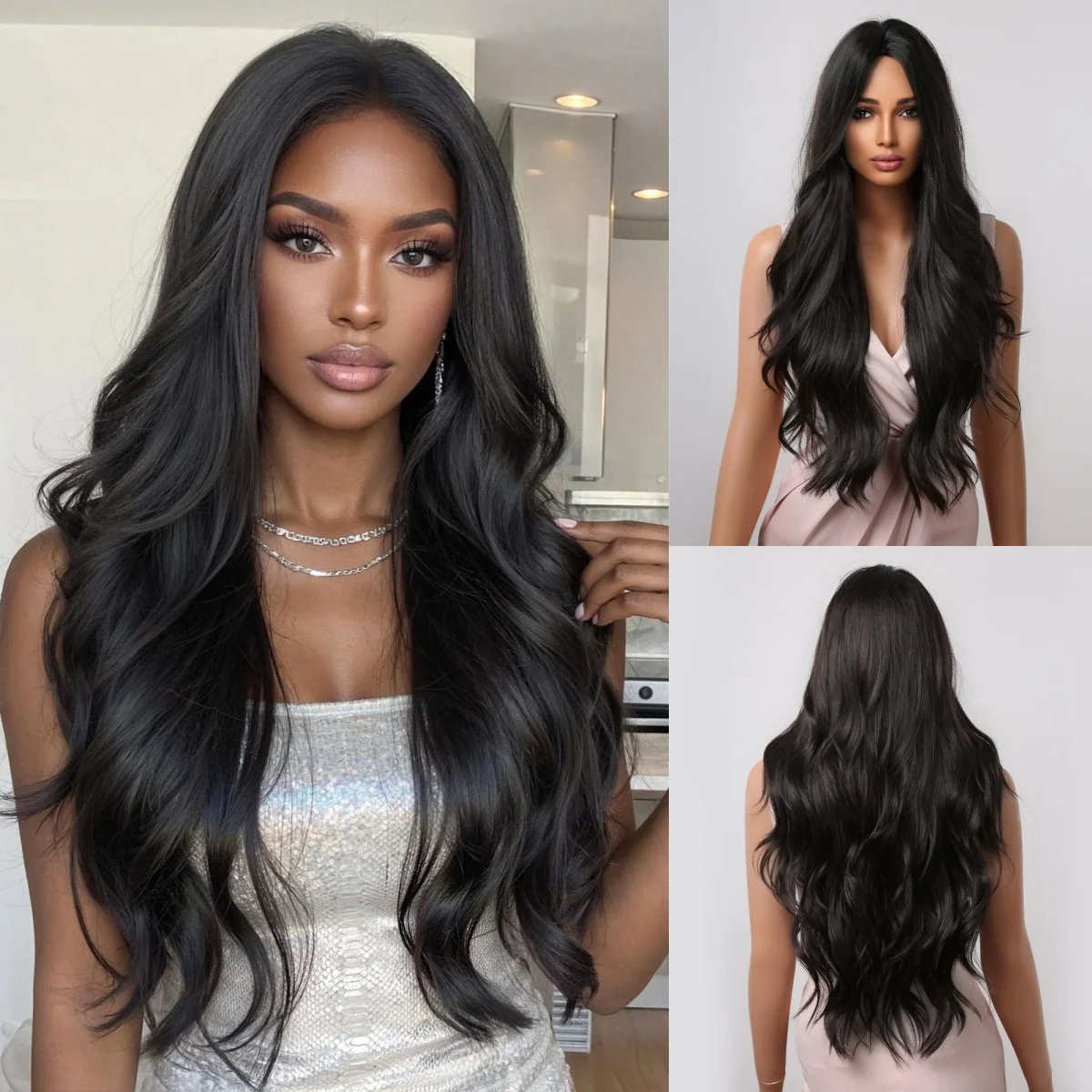 باروكة صناعية سوداء طويلة مموجة بالجزء الأوسط للنساء تستخدم شعر طبيعي للحفلات اليومية ألياف مقاومة للحرارة