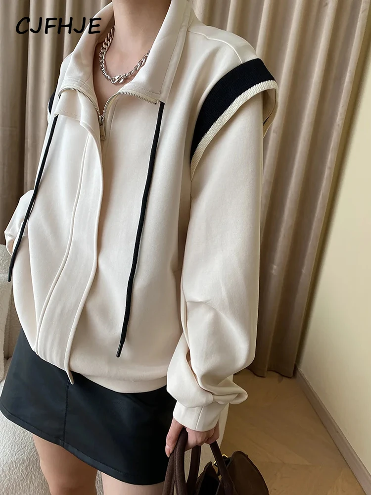 CJFHJE Beige Fake Two-piece American Style Jackets Women Drawstring Stand Collar Casual Loose Baseball Jacket Female Black Coats