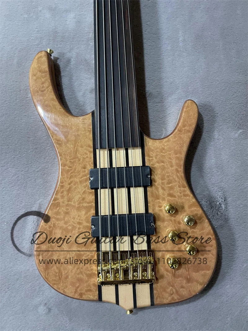 6 Strings Fretless Electric Bass SMi Guitar Squilted Maple Top Golden Bridge Active Battery  Factory Custom