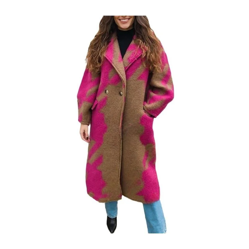 2024 New Autumn Cross-Border Women's Faion Long Sve Collar Coat Printed Woolen Coat Multi-Color Design Ladies' Outerwear