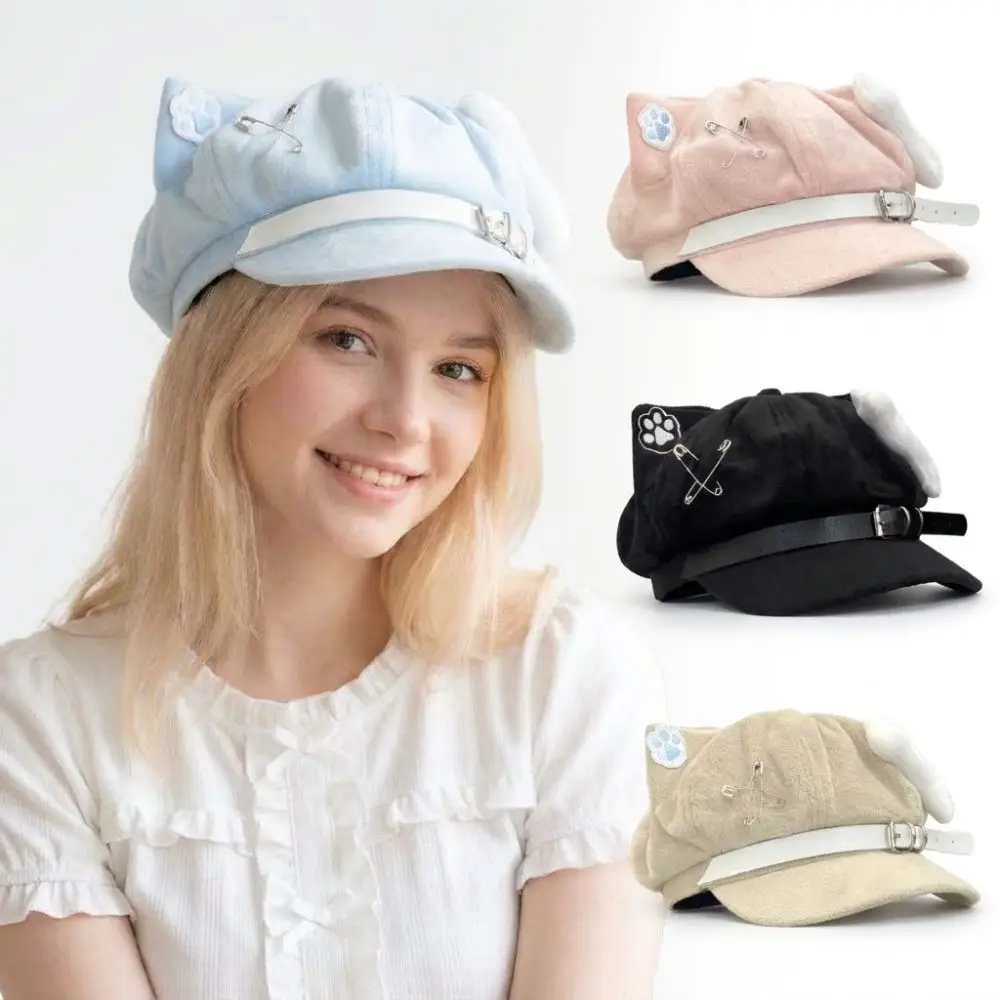 Fashion Cat Ears Women's Beret Japanese Style Anime Newsboy Cap Cat Paw Pattern Sweet Baseball Cap Everyday Outfits