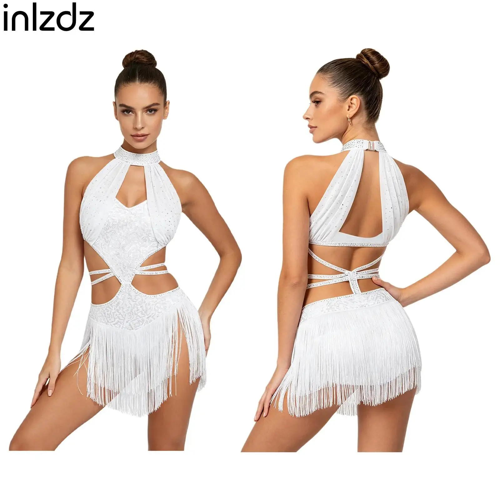 

Women Latin Jazz Dance Dress Shiny Keyhole Front Cutout Back Sleeveless Fringe Dress for Tango Salsa Rumba Cha Cha Dance Clothes