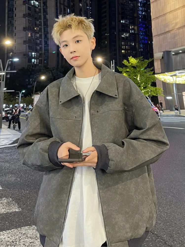 

Retro American Leather Jaet Men's Spring Autumn Sle High Sensation Cool Flip Collar PU Leather Jaet Windproof Motorcycl...