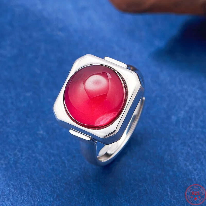 

S925 Sterling Silver Charms Rings for Women Men Simply Square Inlaid Round Red Corundum New Fashion Jewelry Free Shipping