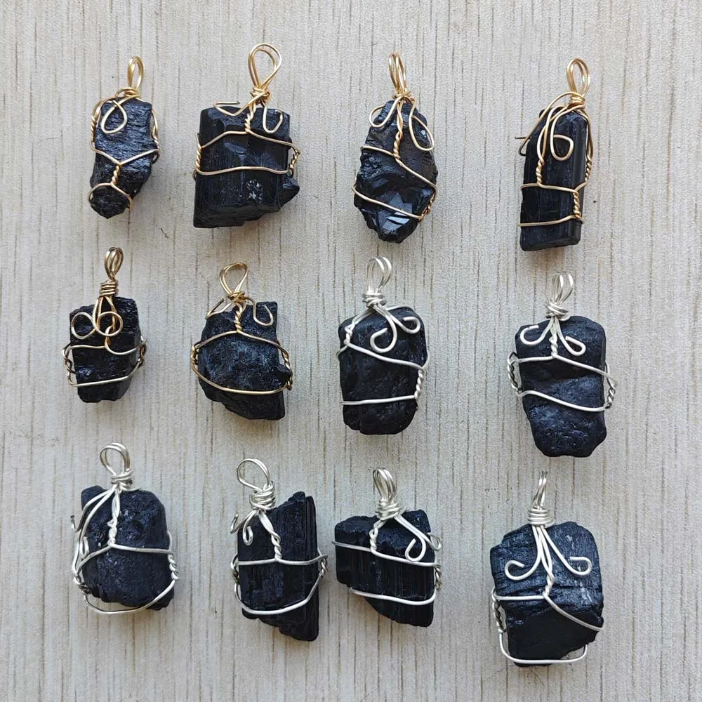 자연 검은 전기석 에너지 스톤 와이어 Wrappe 불규칙한 모양의 펜던트 쥬얼리 액세서리 만들기 도매 12 개/몫