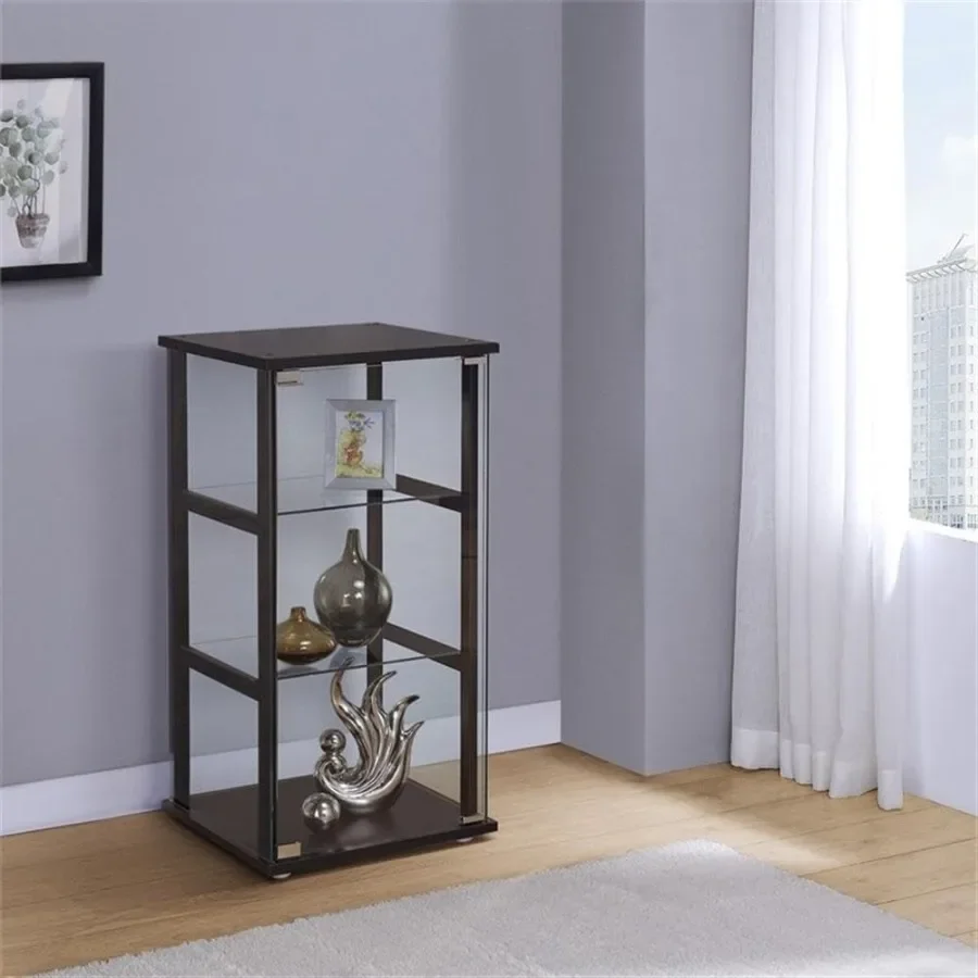 Contemporary 3-shelf glass curio cabinet for home decor, pine and particle board with black finish, tempered glass shelves, mod view 2