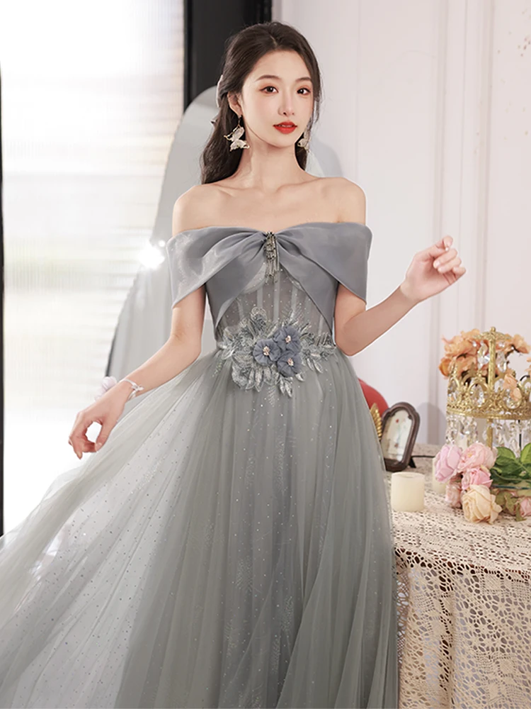 

Серое платье подружки невесты для женщин, элегантные вечерние платья с аппликацией и открытыми плечами, простые блестящие платья трапециевидной формы для дня рождения