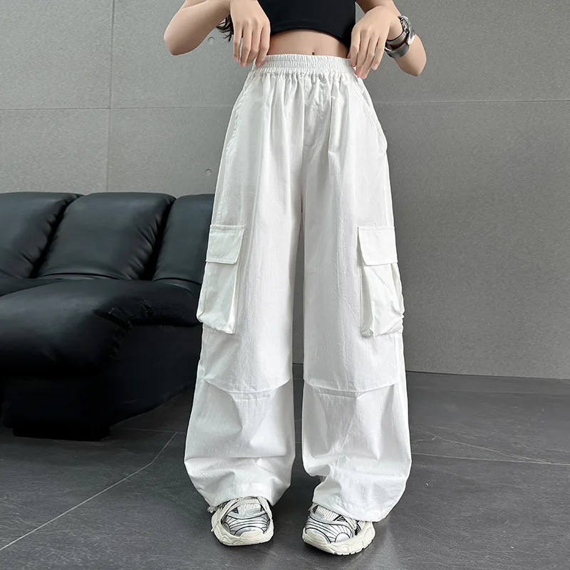 

Kids Girls Cargo Pant Autumn Korean Junior Girls Simple Solid Pocket Wide Leg Pant Teenager Girls Casual Elastic Waist Pant