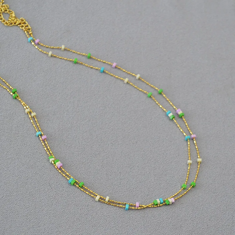 

2026 Spring Summer New Color Fresh Geometric Square Stone Brass Gold-plated Glitter Thin Chain Sweet Necklace Clavicle Chain