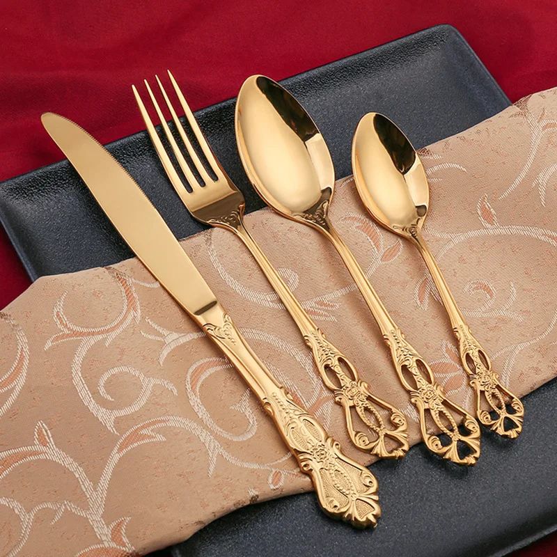 24pcs KuBac Luxury Golden Stainless Steel Steak Knife Fork Set Gold Cutlery Set With Luxury Wood Gift Box 16Pcs Drop Shipping