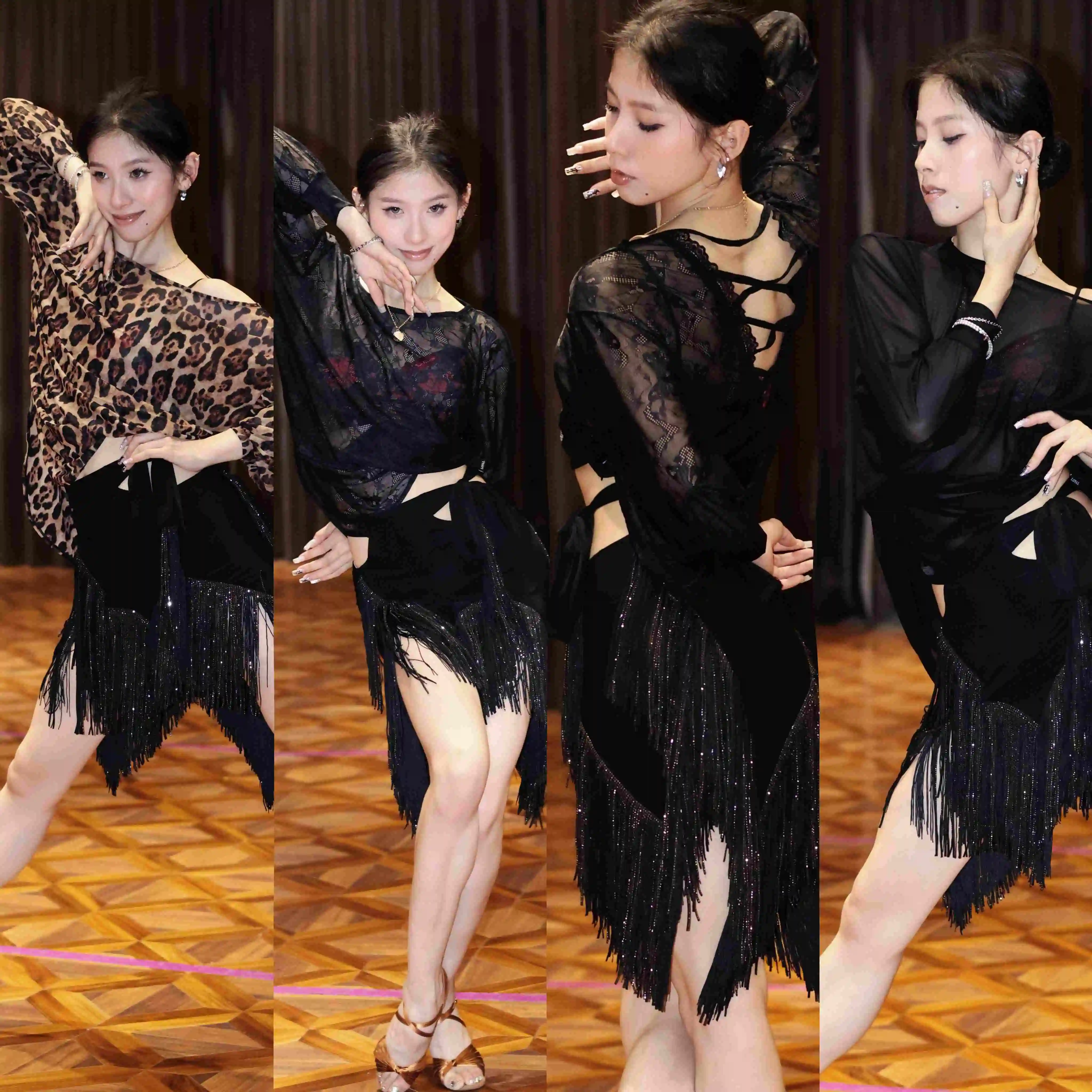 

Одежда для латинских танцев, женские свободные топы с открытой спиной и длинными рукавами, черные кружевные леопардовые тренировочные топы для взрослых, танцевальная одежда для румбы и самбы DNV25155