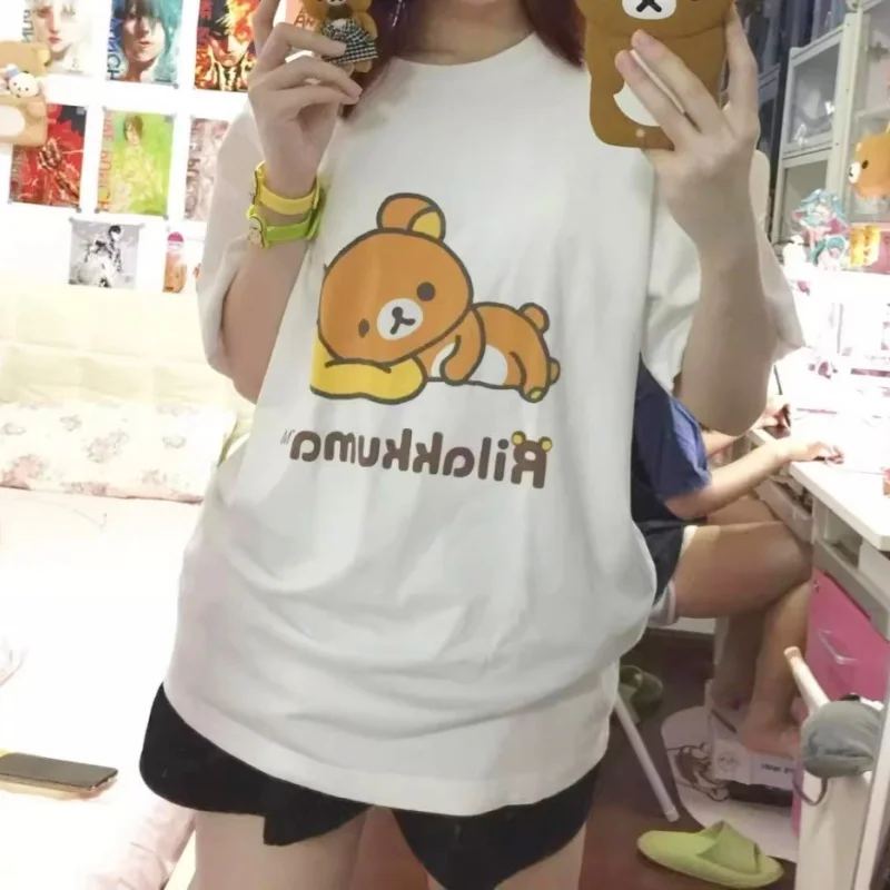 Nuevas camisetas Kawaii de algodón puro de 100%, camisetas coreanas con bonitos dibujos de oso marrón, camisetas holgadas de manga corta con cuello redondo para verano Y2k, camisetas para adolescentes y estudiantes