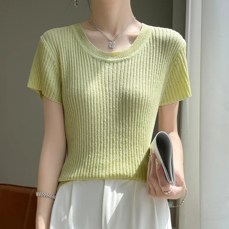 YSC 2024 New models Women Knitted special yarn Pullover Round neck short sleeved Pit bar style Skin High quality cooling sweater