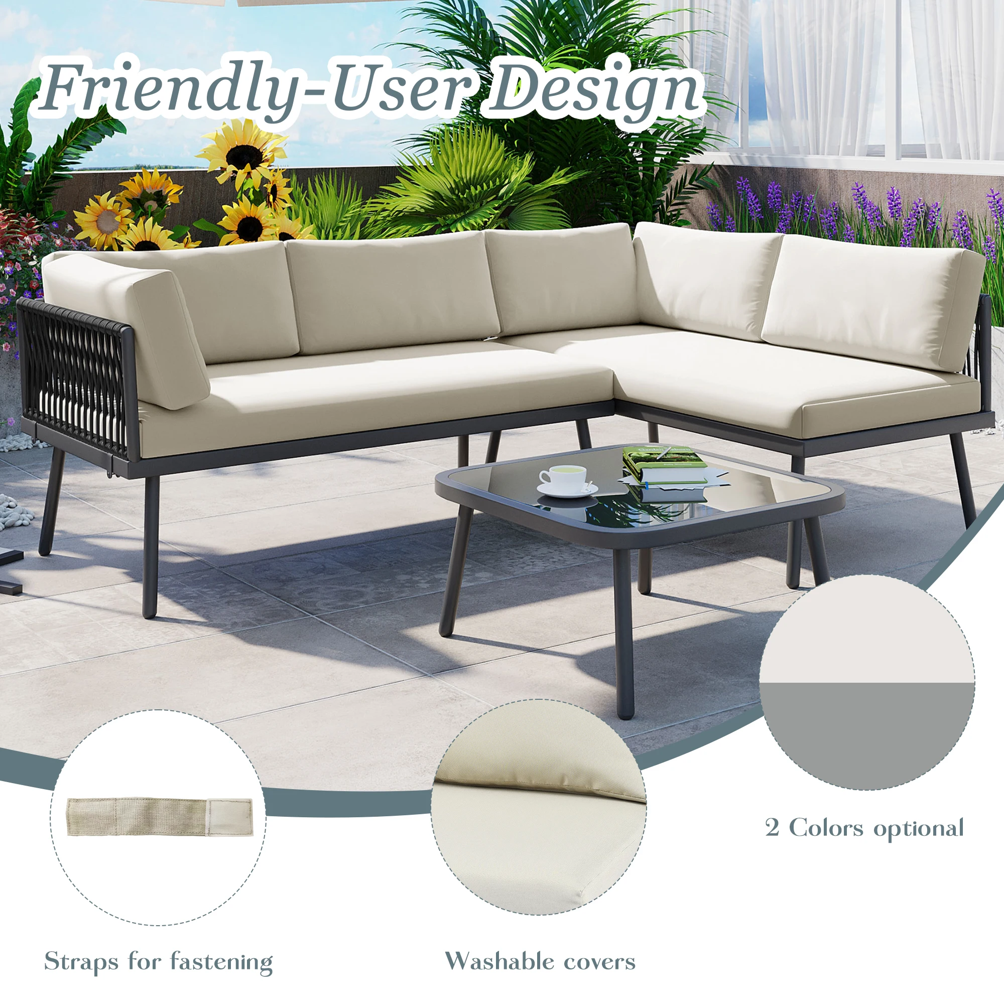 Modern Outdoor 3-Piece PE Rattan Sofa Set All Weather Patio Metal Sectional Furniture Set with Cushions and Glass Table for Back