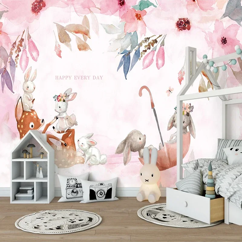 Custom Photo Pink Elk Rabbit Living Room Children Room Animal Decoration Painting Cartoon Pastoral Mural Wallpaper Home Décor