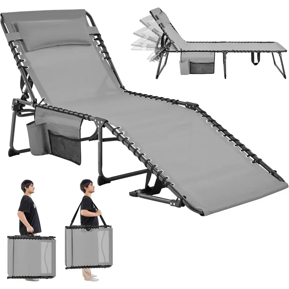 26.4" Outdoor olding Tanning Chair 5-Position Adjustable, Gray | Waterproo Texteline abric, 300lb weight acity, side storage ket