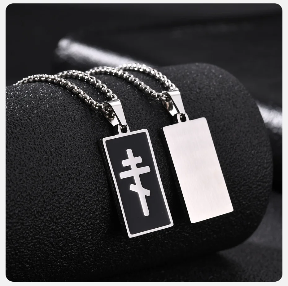 Vnox Herren Orthodoxes Kreuz Dogtag Halskette, Edelstahl Schwarz Emaillierter Religiöser Anhänger mit Kastenkette, Christliches Gebetsgeschenk für Ihn – Detail 6