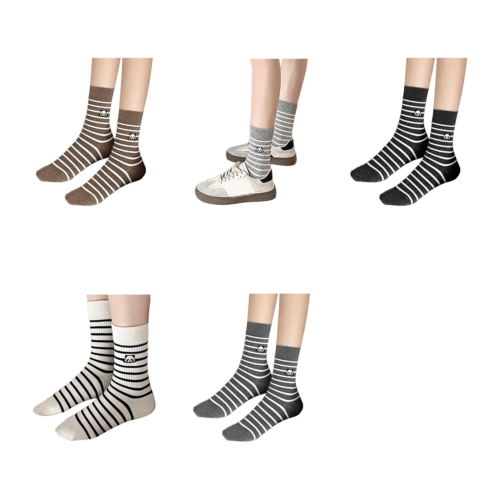 

Носки средней длины с вышивкой в виде панды в полоску, комплект из пяти цветов (кофе/светло-серый/черный/белый/темно-серый)