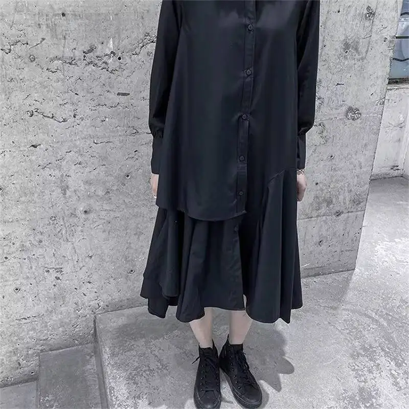 Robe à manches longues pour femmes, début du printemps, nouvelle mode classique foncée, plis irréguliers, décontractée, grande taille, jupe chemise
