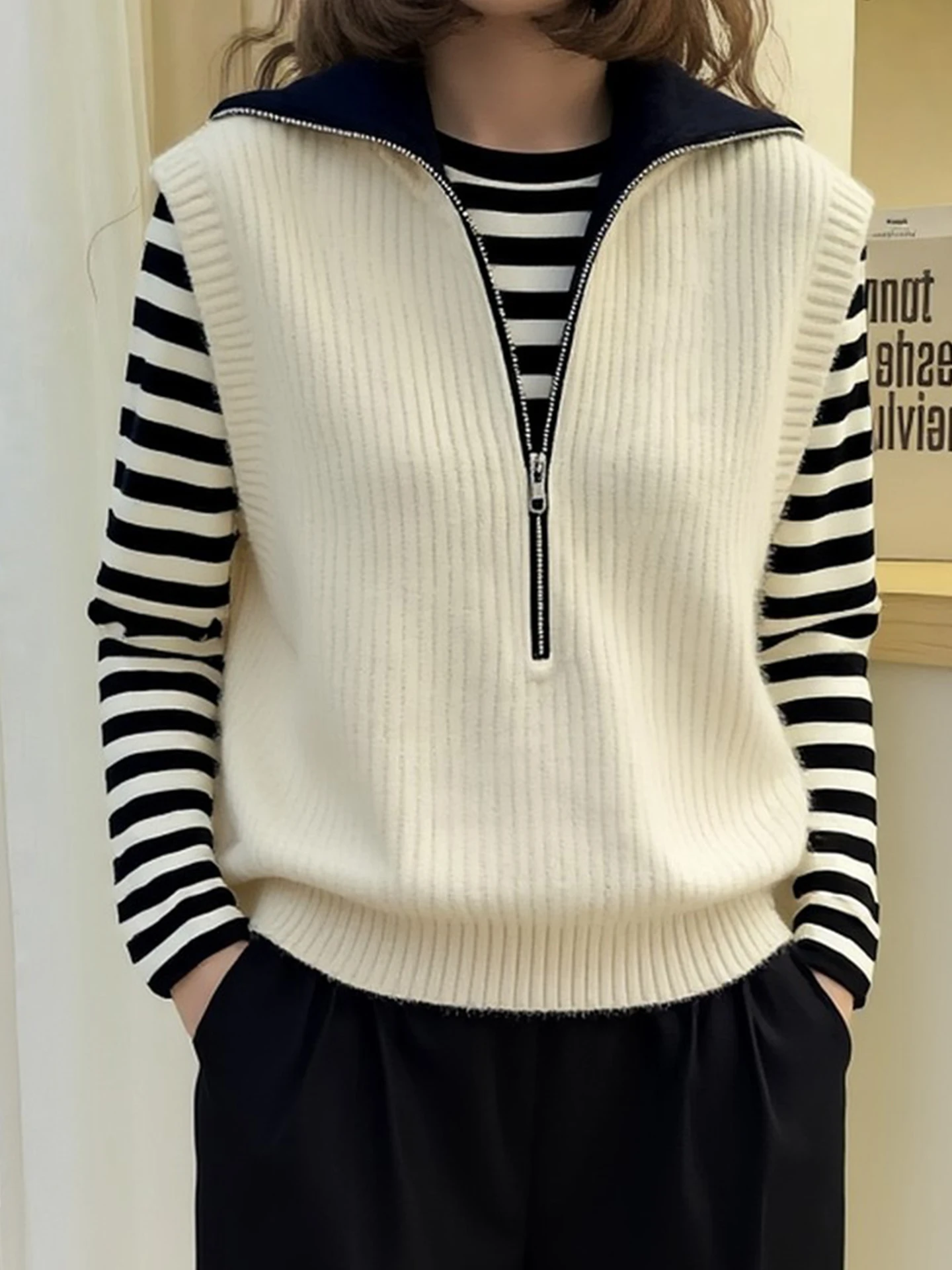 Casual Knitted Vest Pure Color Outerwear Top Layering Commute Versatile Shoulder Pad Autumn Winter Jacket Youthful