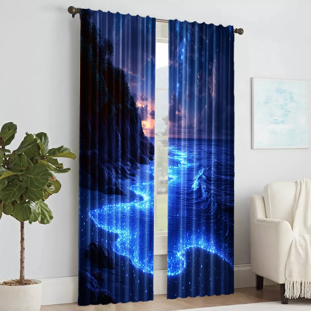 2 pcs, versatile polyester transparent curtains for home decoration Beach Night Scene Theme for use in bedrooms and living rooms