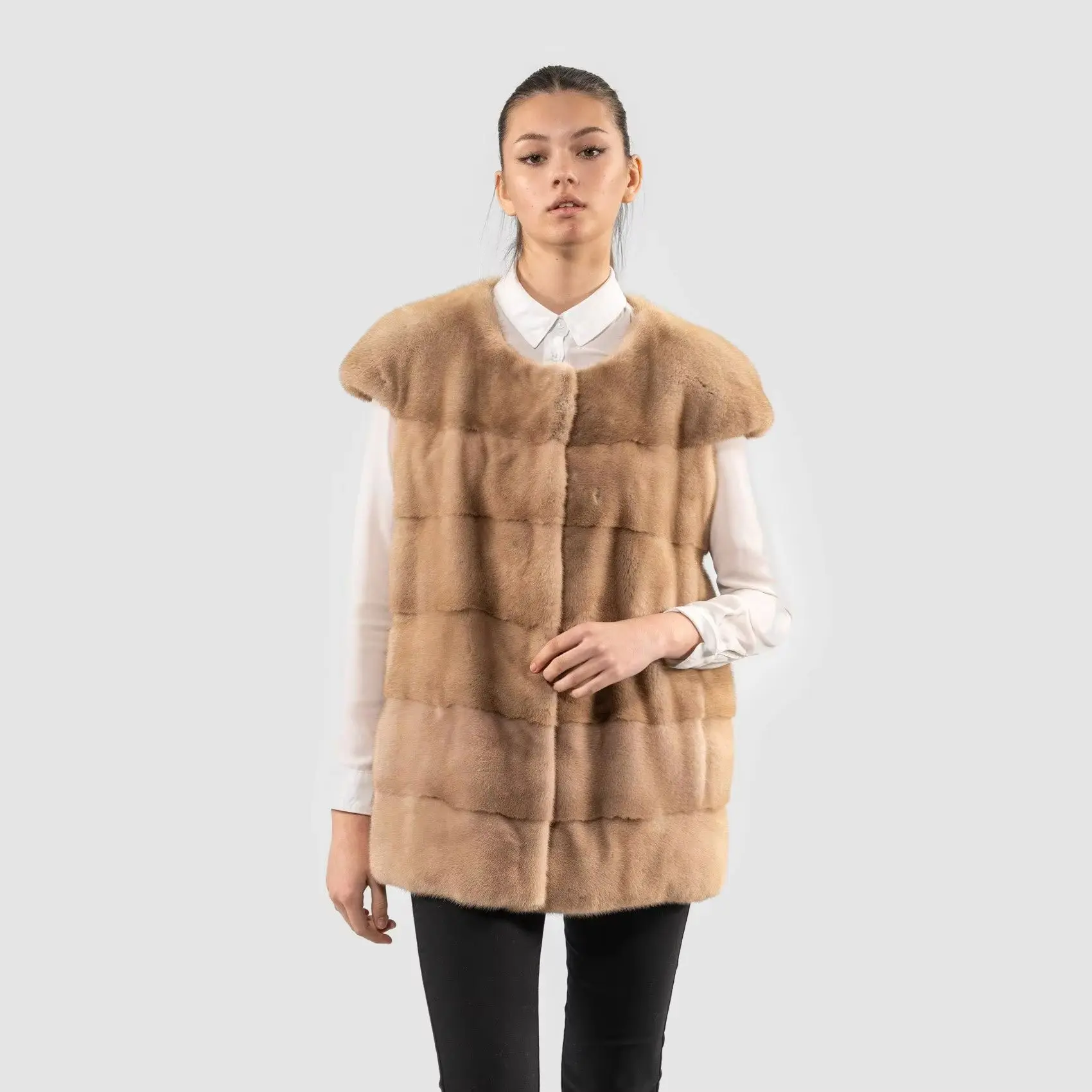 Laur 2026 Women Faux Mink Fur Vest Round Neck Sleeveless Horizontal Stripe Medium Length Winter Fur Waistcoat