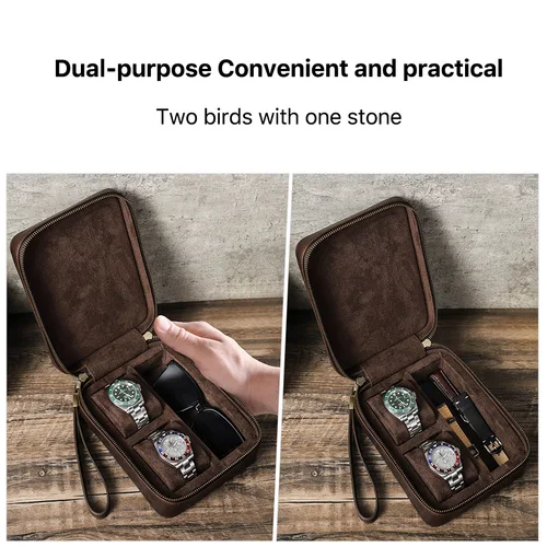 Imagen 2 del producto Estuche de viaje de cuero genuino para reloj, caja de gafas de sol con forro suave, correa de reloj, organizador de almacenamiento de joyas, regalo para amantes de los relojes
