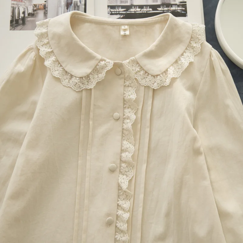 New Autumn 100% Cotton White Shirts Women Solid Cute Tops Girl Peter Pan Collar Long Sleeve Chic Lace Blouses Spring T39134QM