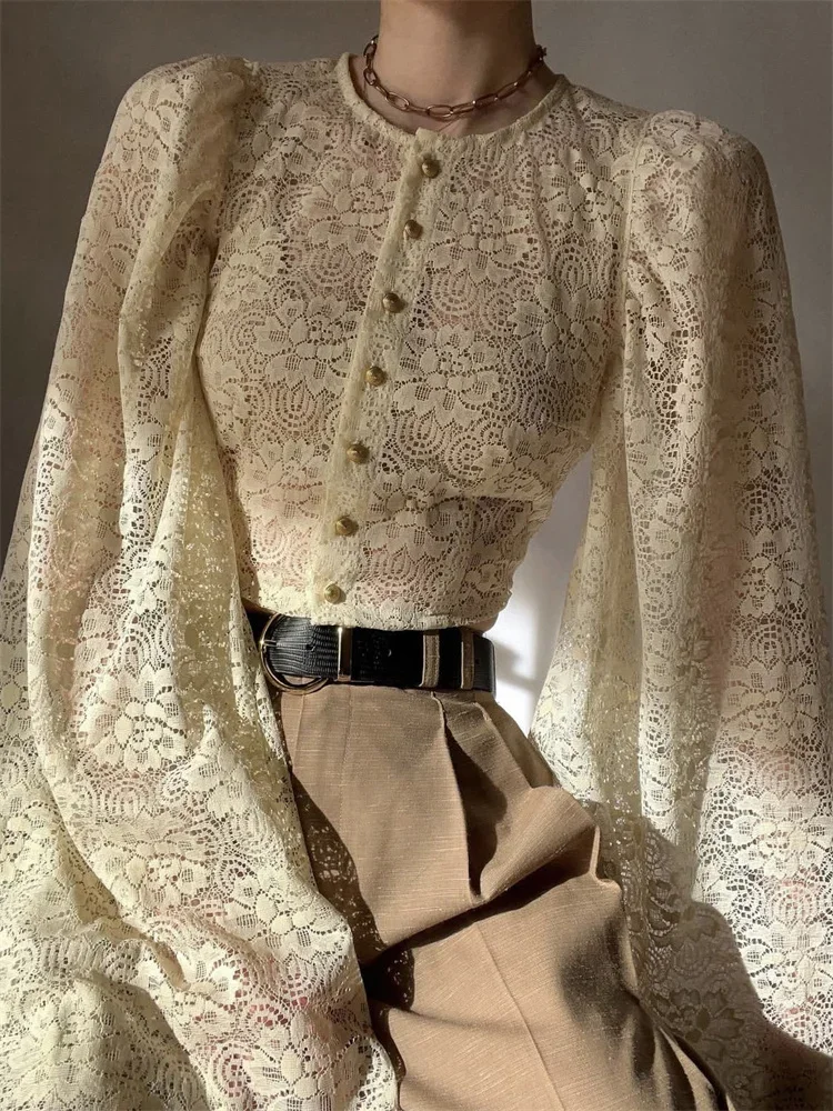 

Lace Printed Autumn T-shirt Top For Women See-Through Long Sleeve Patchwork Hollow Out Cropped Top Female Sexy Tee Top New