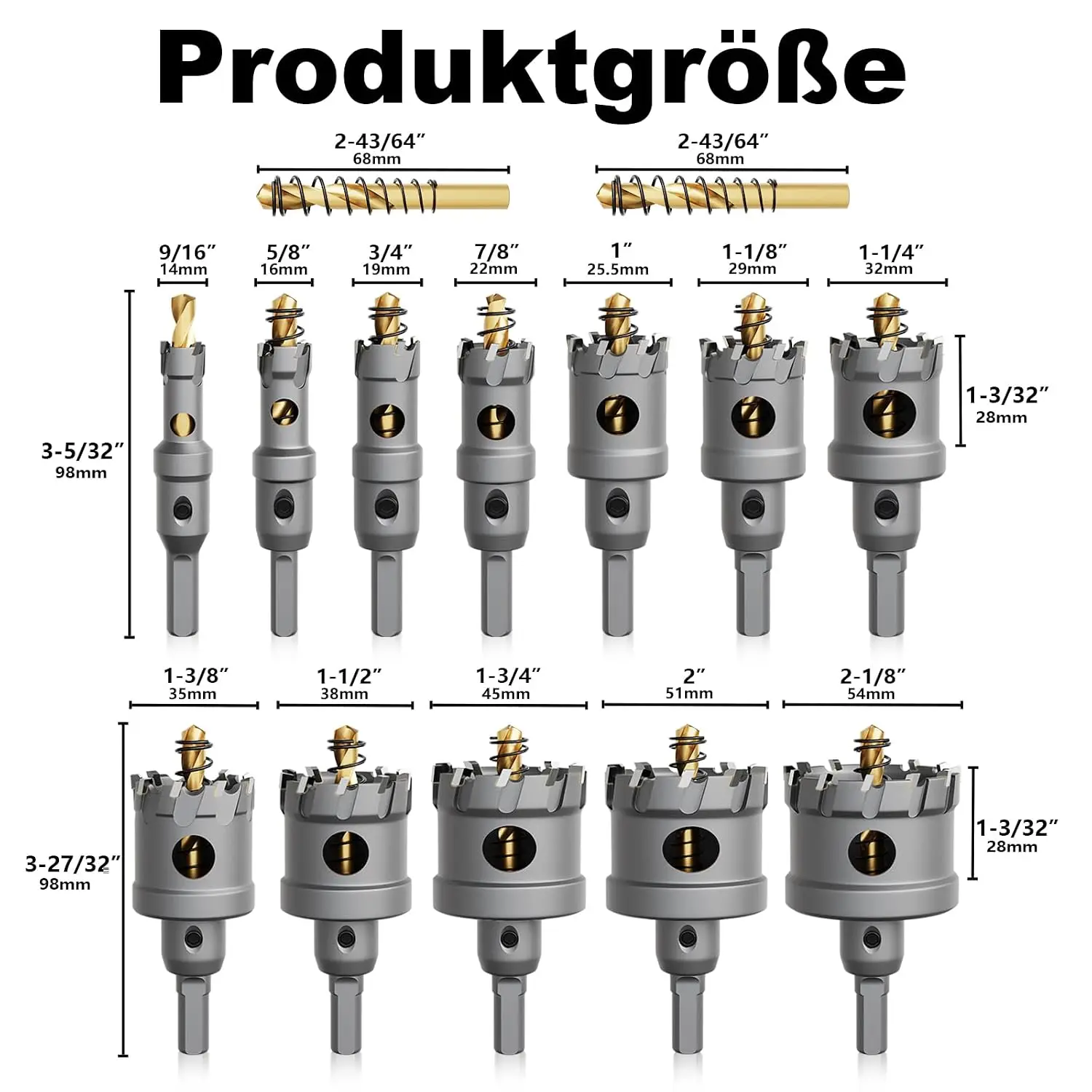 Upgrade Heavy Duty Carbide Hole Saw 14 Pcs,Metal Steel Hole Saw Drill Bit,TCT Hole Cutter,Alloy Hardness Upgrade, with 2*Extra Titanium Plated Pilot Center Drill and 2*L-Wrench