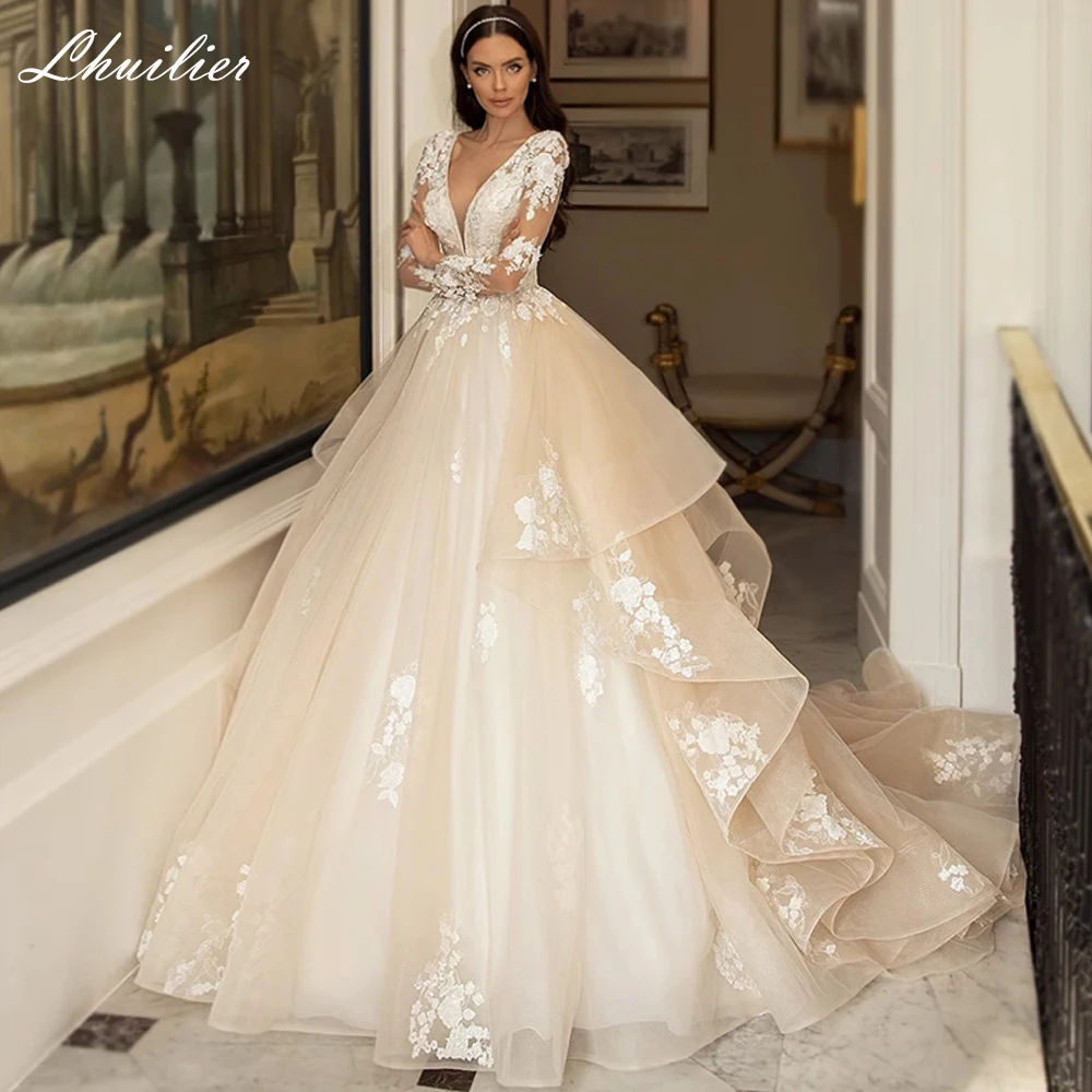 Lhuilier Customized Women's A Line Sexy V Neck Tulle Wedding Dresses Full Sleeves Bridal Gown with Chapel Train