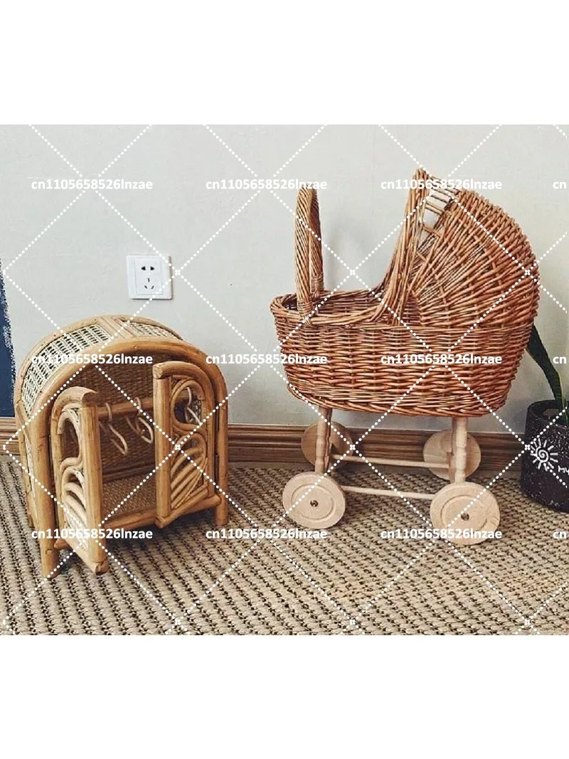 Rattan Weave Stroller Toy Studio Photo Props Baby Doll Carriage Children's Room Decoration Play House Cart Pretend Play Toy