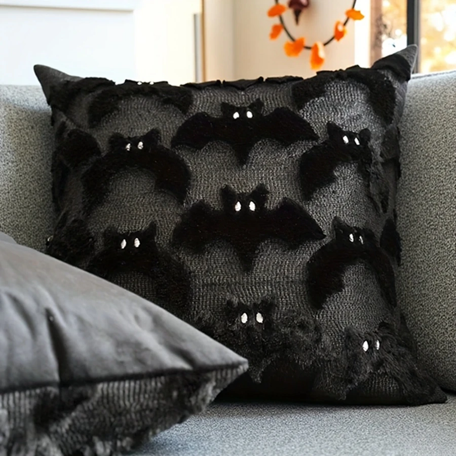 Halloween 3D Plush Bat Throw Pillow Cover 45x45cm Black Cute Bat Cushion Case Sofa Couch Home Holiday Decor