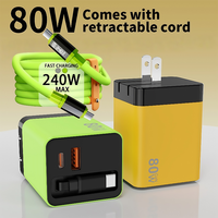 80W 3 In 1 GaN Fast Charger With Retractable Cable&240W Type-C to Type-C Port Data Cable For iPhone Samsung Huawei Xiaomi Tablet