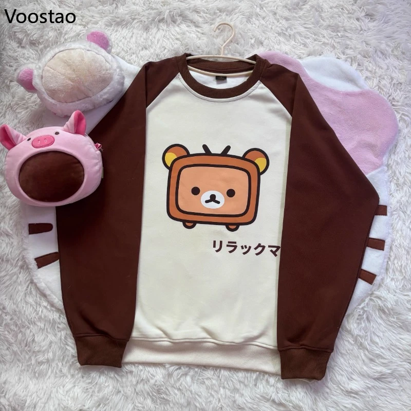 Japanese Kawaii Lolita Bear Print O-Neck Sweatshirts Autumn Women Y2k Grunge Long Sleeve Loose Pullover Girls Sweet Hoodies Tops