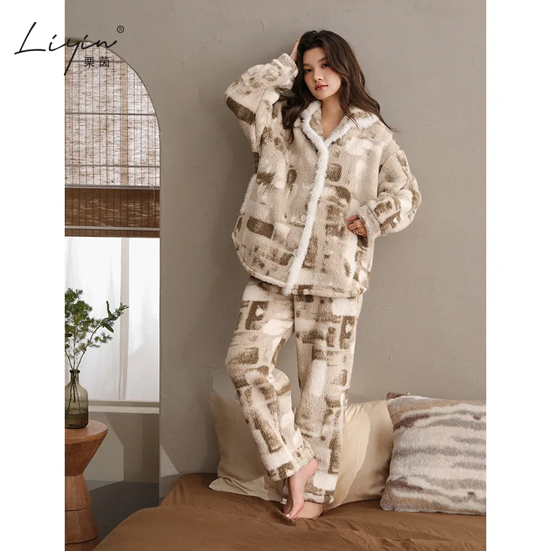파자마 세트 면 겨울 의류 여성용 파자마 세트 여성용 따뜻한 겨울 파자마 패셔너블한 홈웨어, 파자마 부드러운 파자마 세트