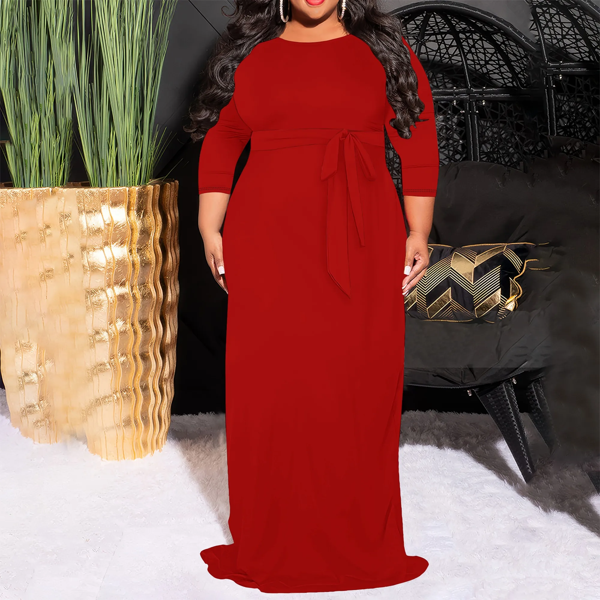 

Women Plus Size Formal Solid Color A Line Maxi Dress Self Tie Waist Elegant Round Neck Swing 3/4 Sleeves Long Dresses