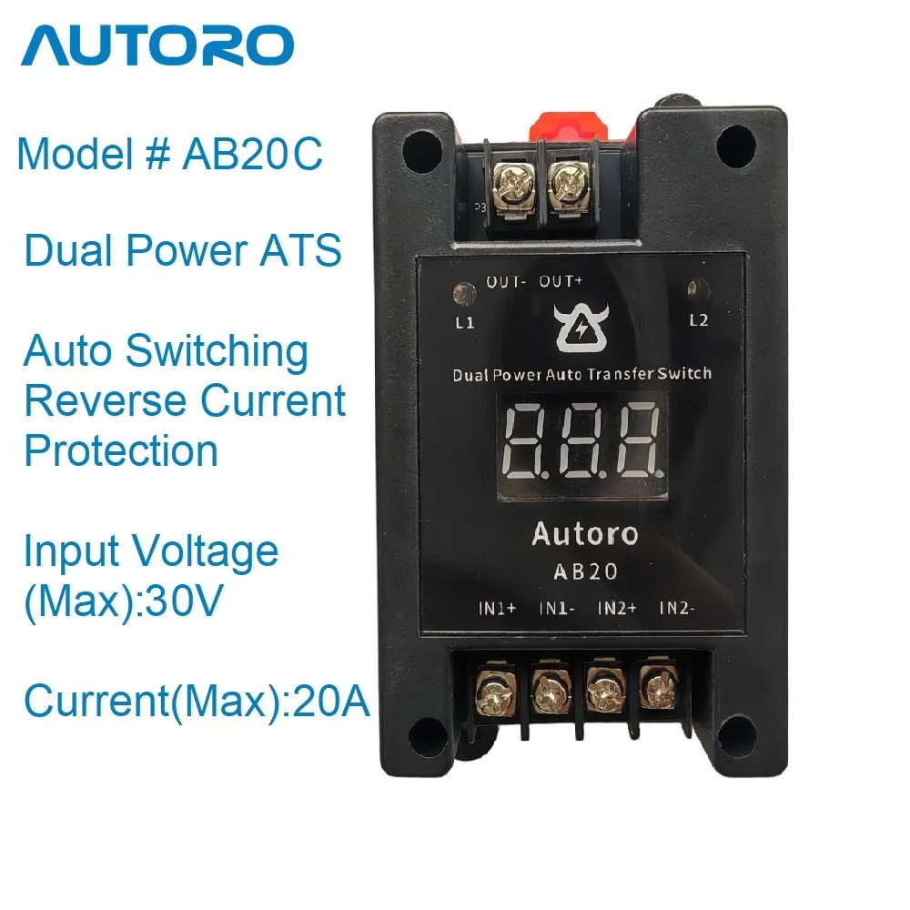 Interruptor de transferência automática de energia dupla Autoro AB20C ATS Max In 30V, saída 20A/canal com display digital para sistemas de energia de backup