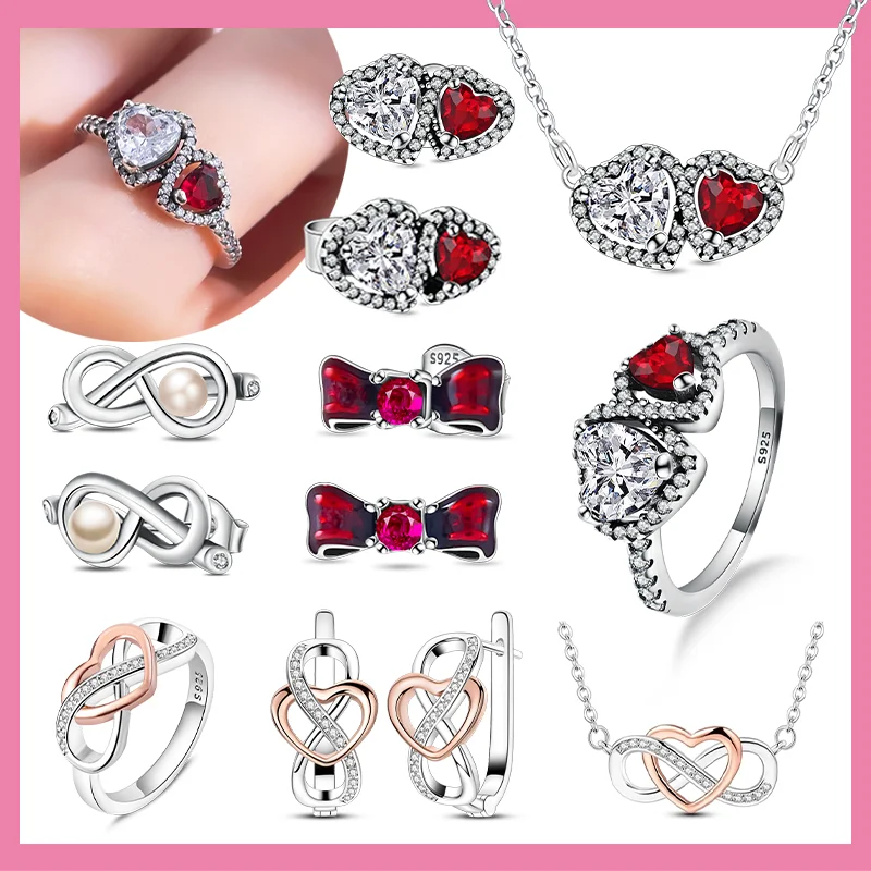 

2023 New Red Round Sparkling Hoop Earring Heart Halo Pendant Collier Necklace Pave Zircon Stud Earring & Ring Women Jewelry Gift