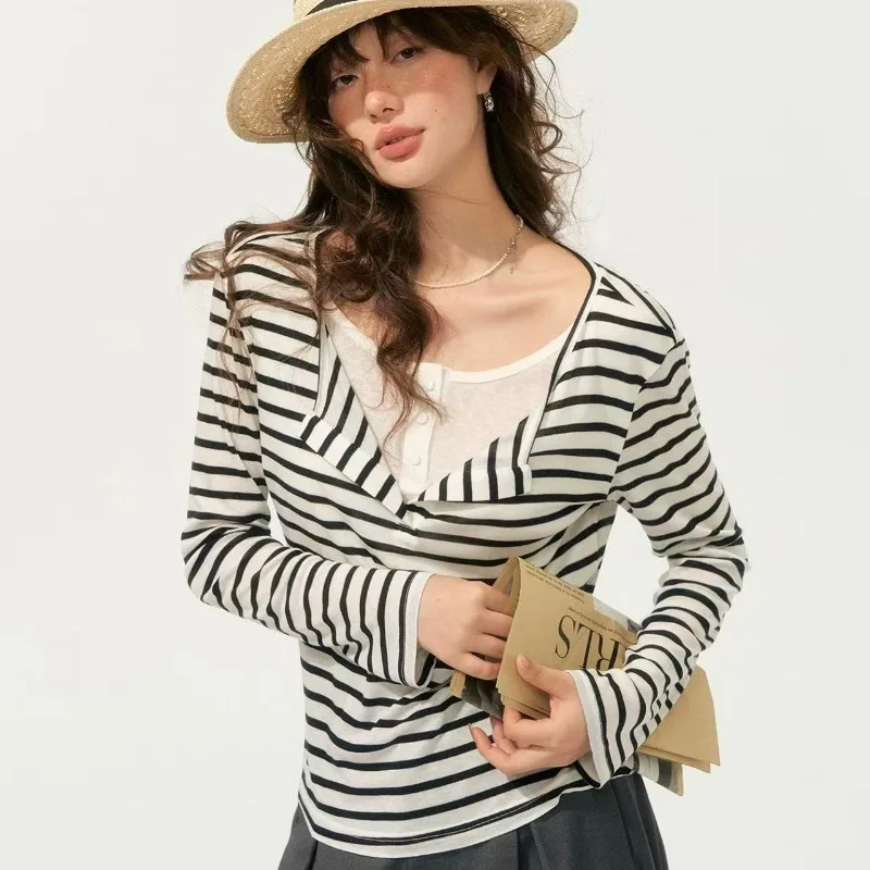 V Neck Draped Fake Two Piece Striped Long Sleeve Top Retro Contrast Patchwork Knit T Shirt For Women