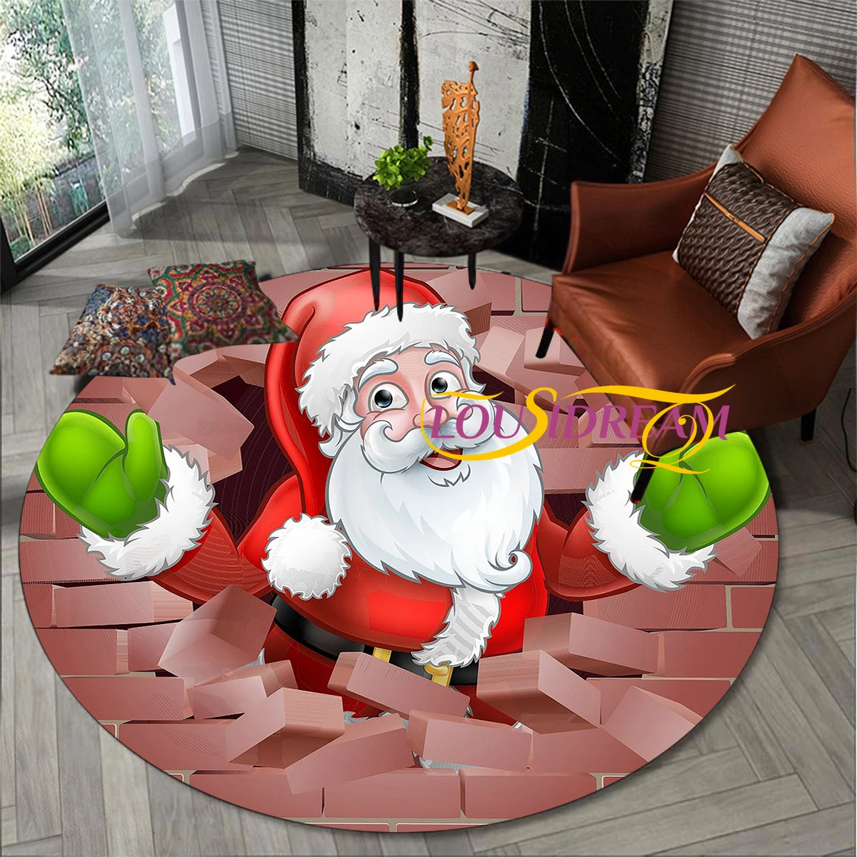 3D Christmas Santa Claus Round Area Rug,Carpet for Living Room Bedroom Sofa Playroom Decor,Non-slip Floor Mat