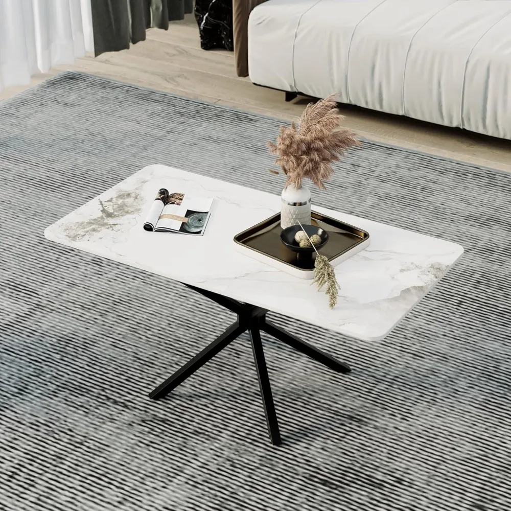 白い大理石のコーヒーテーブル、モダンな40インチのリビングルームテーブル、長方形の焼結石の天板と黒い金属脚、スタイリッシュなセンターテーブル