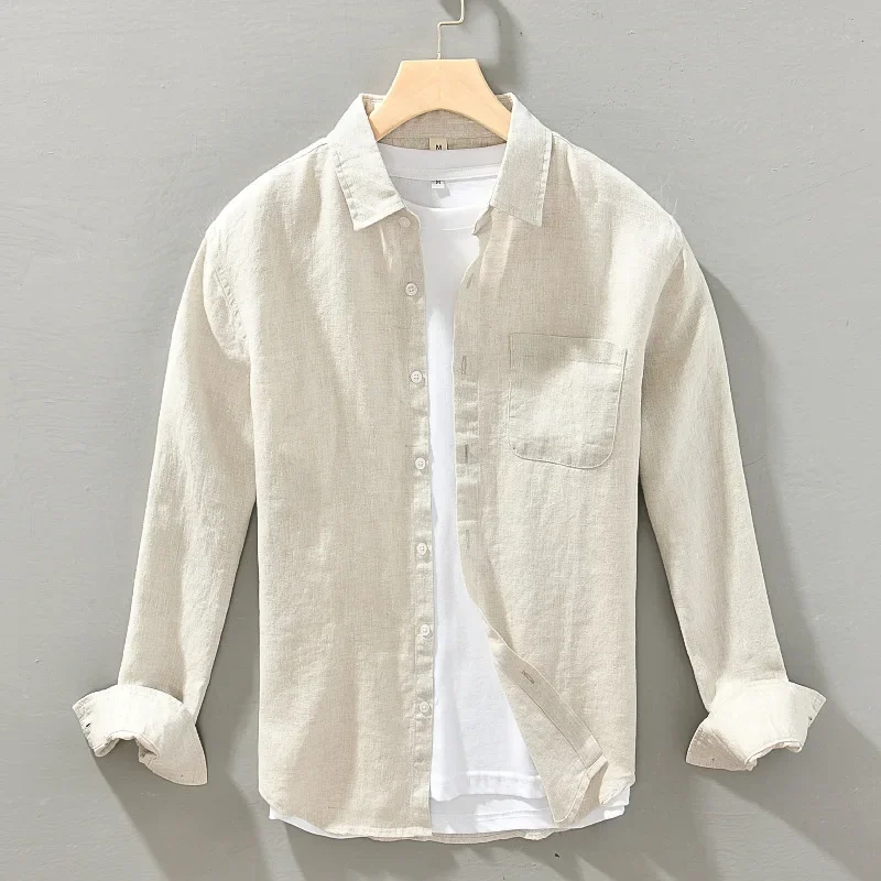 Camisa de lino de manga larga para hombre, abrigo informal, holgado, talla grande, alta gama, color blanco, verano, 2023