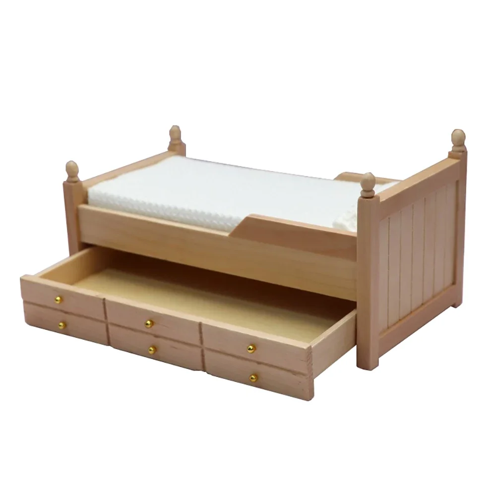 1/12 Domek dla lalek Miniaturowe drewniane łóżko z szufladą Mini meble Model zabawka do domku dla lalek Akcesoria dekoracyjne ob11 bjd
